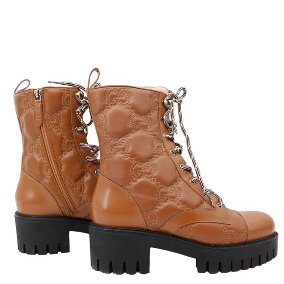 Gucci  Lace Up 60mm GG Matelasse Lux Nappa Leather Combat Boots Dark Brown 7183 - Picture 3 of 14